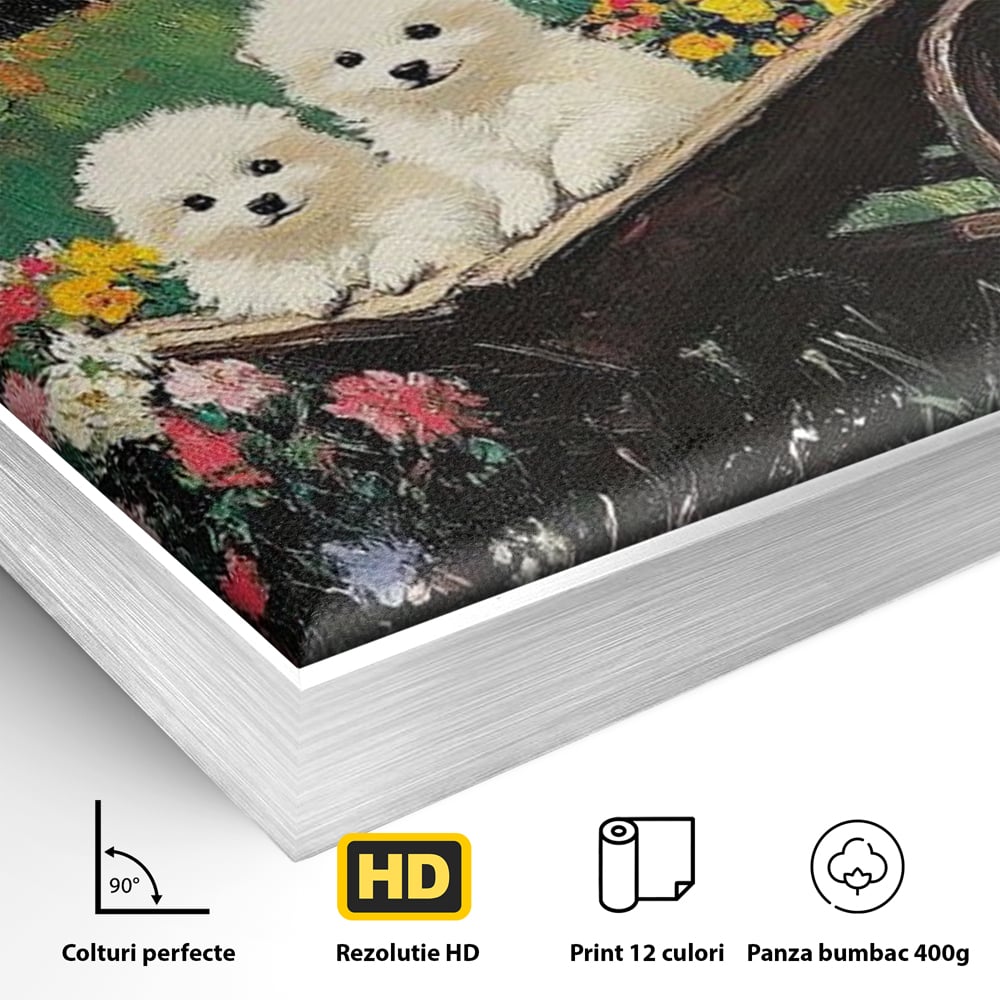 Detaliu al suprafetei: tablou canvas cu catelusi intr-o roaba, in rama de aluminiu argintiu